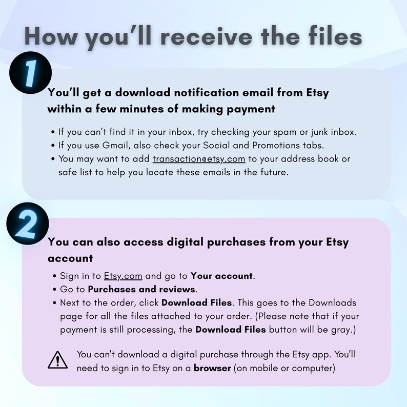 May include: A digital download guide with instructions on how to receive files from Etsy. The guide includes steps for accessing purchases from your account and troubleshooting email notifications. The text is on a gradient background.