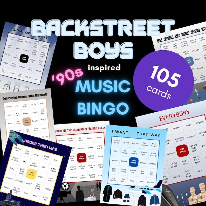 90s Music Bingo Printable – Backstreet Boys Lyrics Bingo | Throwback Party Game for Adults, Girls Night, Birthday & Office Party image 1