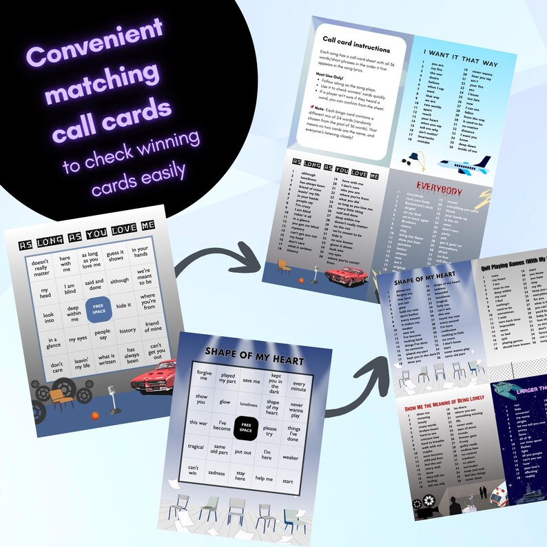 May include: A collection of printed call cards with song lyrics, including "As Long As You Love Me" and "Shape of My Heart." The cards feature various designs and text, with instructions and the phrase "I Want It That Way."