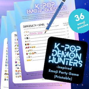 Pode incluir: Um jogo de festa de emoji K-Pop imprimível com 36 quebra-cabeças. O jogo apresenta pistas baseadas em emoji relacionadas a K-Pop Demon Hunters. O jogo inclui um lápis e um quadrado preto com o título do jogo em azul neon.