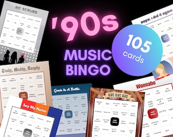 90s Music Bingo – Printable Throwback Party Game | 90s Pop Hits Lyrics Bingo for Adults, Girls Night, Birthday & Office Party