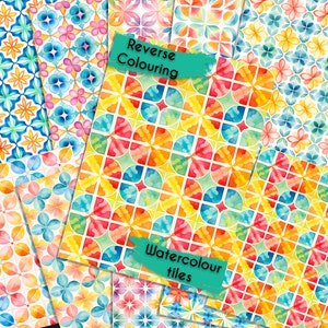 Páginas para colorir reversas de azulejos de aquarela, impressão de coloração inversa para download instantâneo, livro de colorir digital reverso PDF