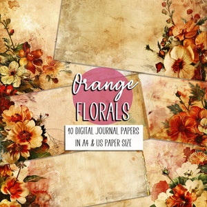 Vintage orange floral junk journal floral printable papers, summer junk journal papers, instant download printable junk journal kit 10 pages