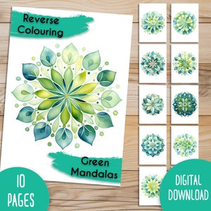 Könnte beinhalten: Ein digitaler Download von 10 Seiten mit grünen Mandala-Malvorlagen. Die Hauptseite zeigt ein großes grünes Mandala mit dem Text "Reverse Colouring" und "Green Mandalas". Die anderen Seiten zeigen verschiedene grüne Mandala-Designs.
