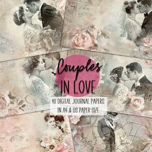 Vintage Parejas enamoradas diario basura papeles imprimibles florales, collage de bodas descarga instantánea de papeles imprimibles, diario de aniversario