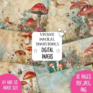 champignon grungy vintage, papiers imprimables numériques de journal de rebut de fantaisie de champignon vénéneux, paquet de papier imprimable de téléchargement immédiat de journal d'art, magique