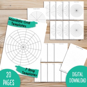 20 Mandala Grid-sjablonen 7 ringmandala's, donkere en schijnlijnsjablonen PDF JPEG PNG instant download afdrukbare mandala-oefensjablonen