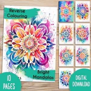 May include: A digital download of 10 printable pages featuring bright, colorful mandala designs. The designs are perfect for reverse coloring, where you color the white space around the mandala.