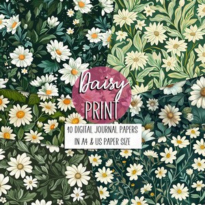 Daisy Print junk journal floral printable papers, Green & white daisies collage instant download printable papers, flower junk journal paper