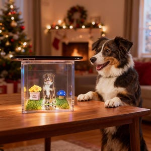 May include: A clear acrylic display box with a dog portrait, flowers, and a mushroom on a wooden table. A smartphone rests on top of the box. A real dog stands next to the table, looking at the display.