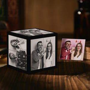 Personalised Multi Photo Magic Cube with Black Filter. Personalised Memory Gift. Elegant Black & White Photo Cube. Monochrome Photo Cube.