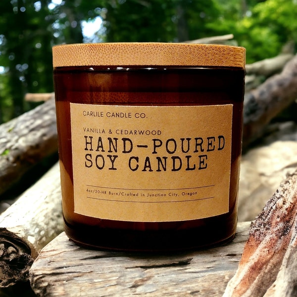 Vanilla & Cedarwood - 4oz Scented Soy Candles, hand-poured in small batches. -Natural - Sweet - Great gift for any occasion!