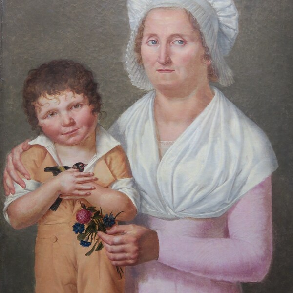 Rare portrait de famille naïf de 1803. Enfant à l'oiseau.