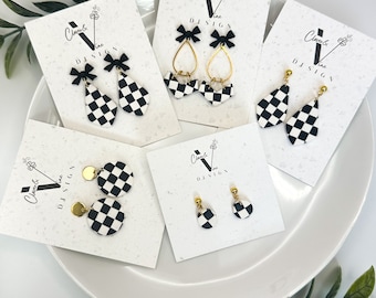 Black White Checkered Hoop Earrings - 16K Gold Plated Small Hoops For Women