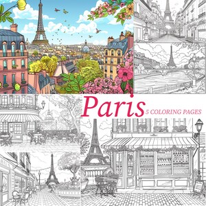 Puede incluir: Cinco p&aacute;ginas para colorear en blanco y negro con monumentos parisinos, incluyendo la Torre Eiffel, un caf&eacute; y una escena de calle. El t&iacute;tulo "Paris 5 Coloring Pages" est&aacute; en la parte superior de la imagen.
