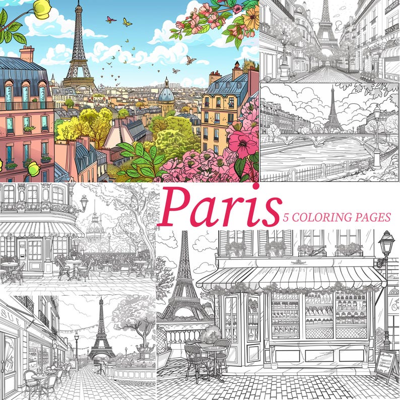 Puede incluir: Cinco p&aacute;ginas para colorear en blanco y negro con monumentos parisinos, incluyendo la Torre Eiffel, un caf&eacute; y una escena de calle. El t&iacute;tulo "Paris 5 Coloring Pages" est&aacute; en la parte superior de la imagen.