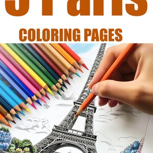Puede incluir: Una p&aacute;gina para colorear con un dibujo de l&iacute;nea detallado de la Torre Eiffel en Par&iacute;s, Francia. La p&aacute;gina est&aacute; rodeada de l&aacute;pices de colores, y una mano sostiene un l&aacute;piz naranja, lista para colorear la imagen.