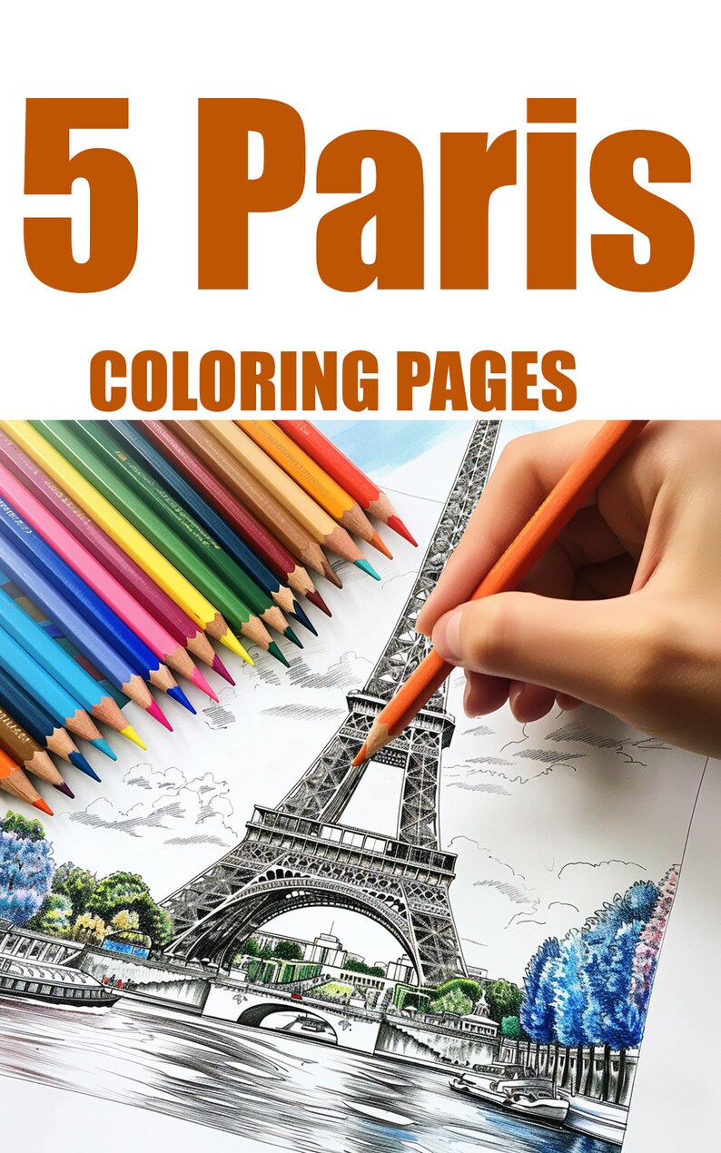 Puede incluir: Una p&aacute;gina para colorear con un dibujo de l&iacute;nea detallado de la Torre Eiffel en Par&iacute;s, Francia. La p&aacute;gina est&aacute; rodeada de l&aacute;pices de colores, y una mano sostiene un l&aacute;piz naranja, lista para colorear la imagen.