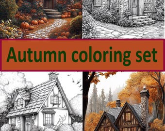 Dibujos para colorear de 5 páginas: una pequeña casita con ambiente otoñal y jardín.