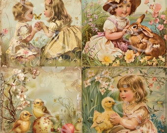 Easter spring  old style printable digital cards set with girls and chickens, Junk Journal