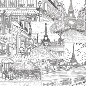 Puede incluir: Una ilustraci&oacute;n en blanco y negro de una escena de calle parisina con la Torre Eiffel en el fondo. La ilustraci&oacute;n presenta edificios, &aacute;rboles, una calle adoquinada y una cafeter&iacute;a con mesas y sillas.