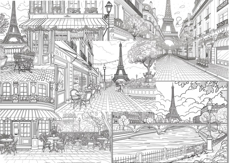 Puede incluir: Una ilustraci&oacute;n en blanco y negro de una escena de calle parisina con la Torre Eiffel en el fondo. La ilustraci&oacute;n presenta edificios, &aacute;rboles, una calle adoquinada y una cafeter&iacute;a con mesas y sillas.