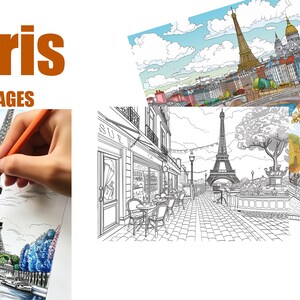 Puede incluir: Cinco p&aacute;ginas para colorear en blanco y negro que muestran diferentes vistas de la Torre Eiffel en Par&iacute;s, Francia. Las p&aacute;ginas incluyen una escena de calle con caf&eacute;s, una vista de la torre desde un puente y una vista panor&aacute;mica de la ciudad.