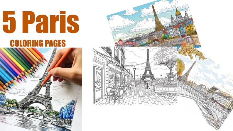 Puede incluir: Cinco p&aacute;ginas para colorear en blanco y negro que muestran diferentes vistas de la Torre Eiffel en Par&iacute;s, Francia. Las p&aacute;ginas incluyen una escena de calle con caf&eacute;s, una vista de la torre desde un puente y una vista panor&aacute;mica de la ciudad.