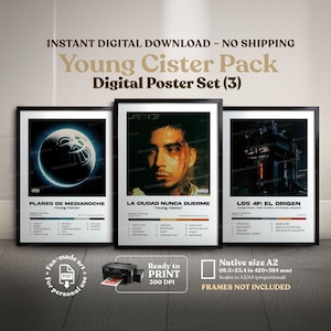 May include: A set of three framed digital posters featuring album art. The posters display the text "Young Cister Pack" and album titles "Planes De Medianoche", "La Ciudad Nunca Duerme", and "Los 4F: El Origen". The posters are in black frames.