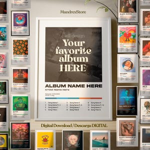 Puede incluir: Un póster enmarcado con el texto "i will design Your favorite album HERE" en una fuente vintage en negrita. Debajo, dice "ALBUM NAME HERE" y "Artist Name Here". El póster está rodeado de otros carteles de arte de álbumes.