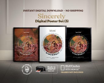 May include: A set of three framed digital posters. The posters feature a circular design with the word "Sincerely" and an image of a woman. The posters are 18x24 inches (45.72 x 60.96 cm) and are ready to print.