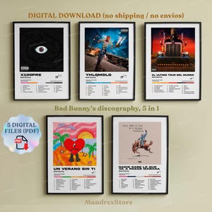 BAD BUNNY, 5 copertine di album digitali, formato A2 stampabile digitale, poster, arredamento per la casa, latino urbano, reggaeton, arte murale