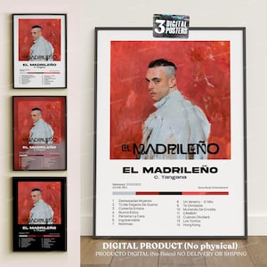 Puede incluir: Tres carteles enmarcados con la portada del álbum "El Madrileño" de C. Tangana. Los carteles tienen un fondo rojo con un retrato del artista. Se muestra el título del álbum y la lista de canciones.