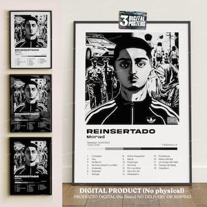 Puede incluir: Pósteres digitales en blanco y negro con la portada del álbum "REINSERTADO" de Morad. El póster principal muestra un retrato del artista con detalles del álbum y lista de canciones. También se ven impresiones enmarcadas adicionales.