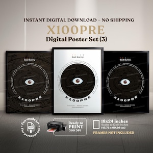 Puede incluir: Conjunto de tres carteles digitales enmarcados con un diseño circular, un ojo y el texto "X100PRE" y "Bad Bunny". Los carteles miden 45,72 x 60,96 cm y están listos para imprimir.