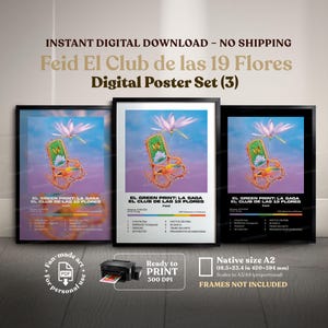 Puede incluir: Un conjunto de tres pósteres digitales titulados Feid El Club de las 19 Flores. Cada póster presenta un gráfico de una mecedora con una flor, sobre un cielo azul y morado. El texto incluye el título del álbum y una lista de canciones.