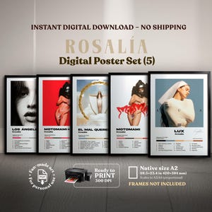 Puede incluir: Un conjunto de cinco carteles digitales enmarcados con arte de álbumes de Rosalía. Los carteles muestran títulos de álbumes como "MOTOMAMI" y "LUX" con listas de canciones. Los carteles están en marcos negros y están listos para imprimir en tamaño A2, aproximadamente 420 x 594 mm.