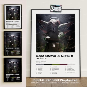 May include: Three framed digital posters featuring artwork of an angel statue with wings, a halo, and the text "$AD BOYZ 4 LIFE II" by Junior H. The posters are black and white, with a list of song titles.