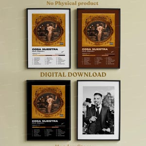 May include: Digital download of a poster featuring a black and white photo of Rauw Alejandro, a Latin singer, with the album title "Cosa Nuestra" in gold lettering. The poster has a gold frame and a black background.
