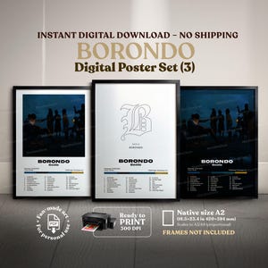 May include: Three framed digital posters with the text "BORONDO Digital Poster Set (3)". The posters have black frames. One poster has a white background with a stylized "B". The other two posters have a dark background with a silhouette of people. The posters are ready to print.