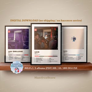 Pode incluir: Três capas de álbum digitais para o artista Milo J. As capas são de estilo minimalista com fundo branco e texto preto. Os títulos dos álbuns são "166 (Deluxe)", "166" e "111".
