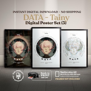 Może przedstawiać: Trzy oprawione plakaty cyfrowe z grafiką w stylu anime. Każdy plakat przedstawia centralny portret postaci ze słowem "DATA" poniżej. Plakaty są w czarnych ramkach, z tekstem "DATA - Tainy" u góry. Rozmiar A2 (420 x 594 mm).