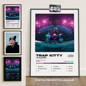 以下が含まれることがあります： 「TRAP KITTY」というタイトルとアーティスト名「Young Miko」が書かれた、ラッパーをフィーチャーしたデジタルポスター4枚。ポスターはネオンピンクとブルーのカラーリングで、背景には街のシルエットが描かれている。