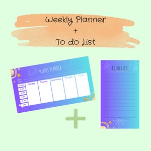 Könnte beinhalten: Ein Wochenplaner und eine To-Do-Liste mit einem himmlischen Thema. Der Planer hat einen Farbverlaufshintergrund in Lila und Blau mit goldenen Sternen und Planeten. Die To-Do-Liste hat einen ähnlichen Farbverlaufshintergrund mit einer Hand, die einen Zauberstab hält, und Sternen.