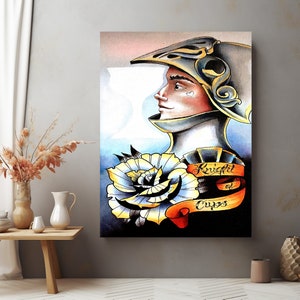 Lienzo de caballero de copas, lienzo de tatuaje de caballero, lienzo de cartas del tarot, arte de pared de tatuajes, lienzo de tatuajes, arte de tatuajes, tatuaje tradicional, decoración de estudio de tatuajes