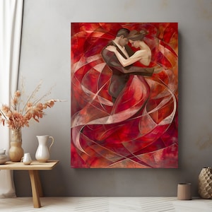 Lienzo abstracto de danza de tango: decoración para el hogar en rojo apasionado