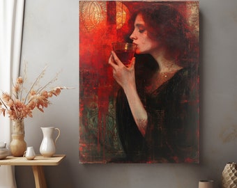 May include: A painting of a woman in a dark dress, with red hair, drinking from a glass of red liquid. The background is a red and green abstract design.