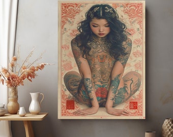 Tattoo Wall Art,Japanese Tattoo Canvas,Japanese Girl Canvas,Japanese Tattoo Art,Traditional Tattoo,Girl Portrait Canvas,Frame Option Canvas