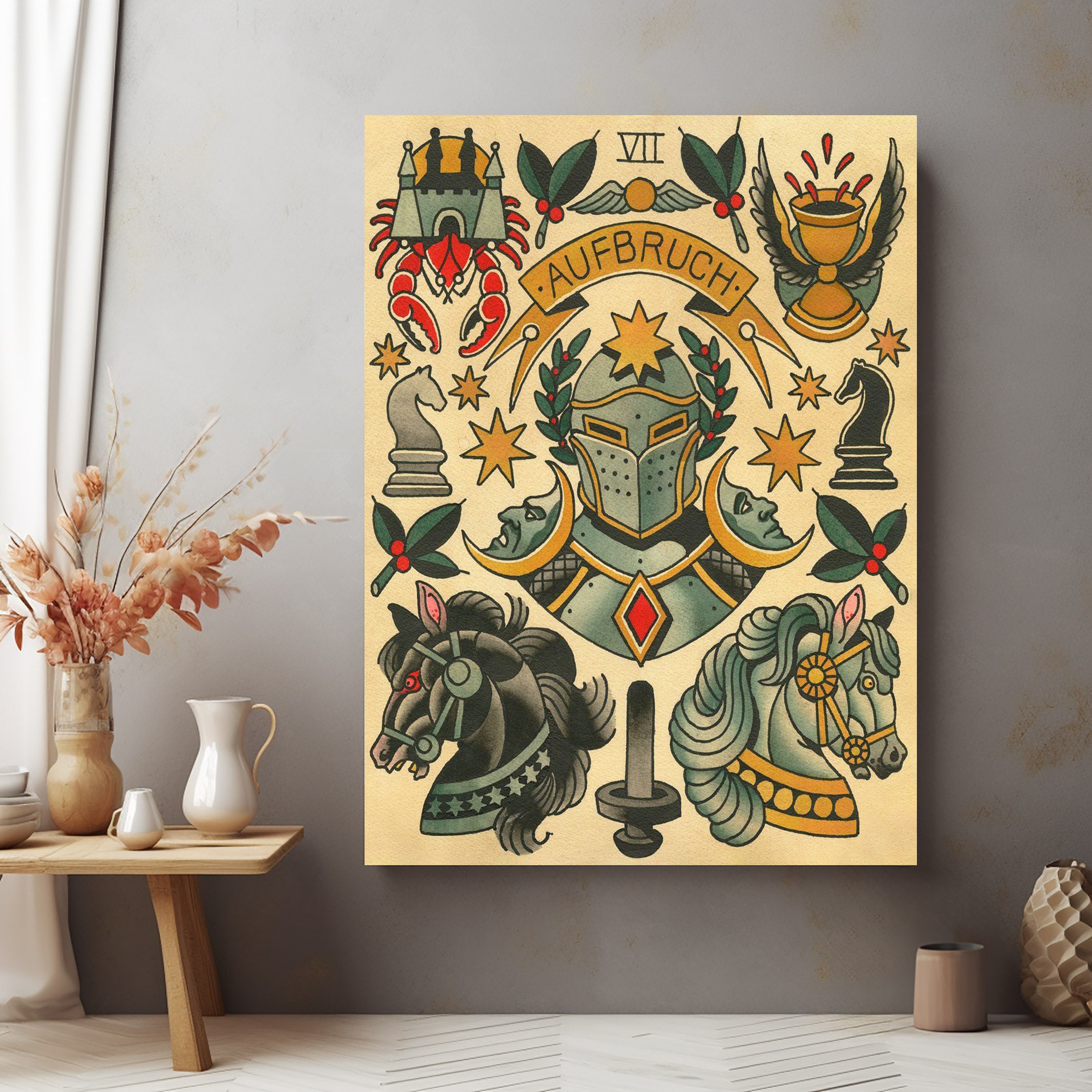 Medieval Tattoo Art Canvas: Traditional King Design, Tattoo Studio