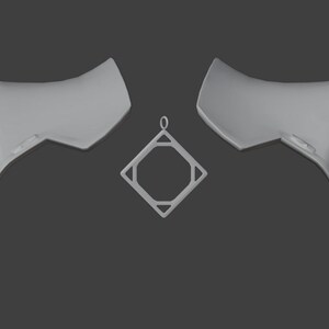 May include: Two grey, 3D printed, abstract hand-shaped sculptures with a geometric, square-shaped pendant in the centre.